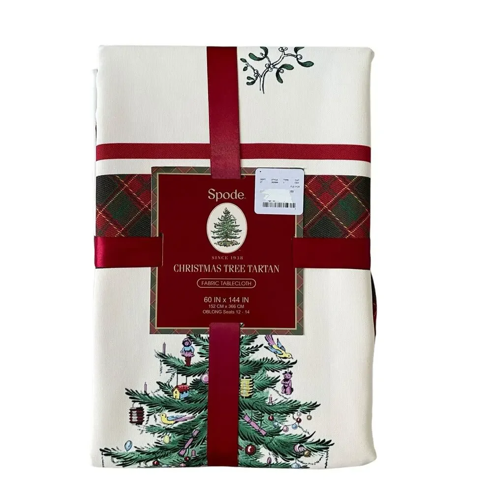 Spode Christmas Tree Tartan Holiday Tablecloth 60x144 Oblong Seats 12-14 New